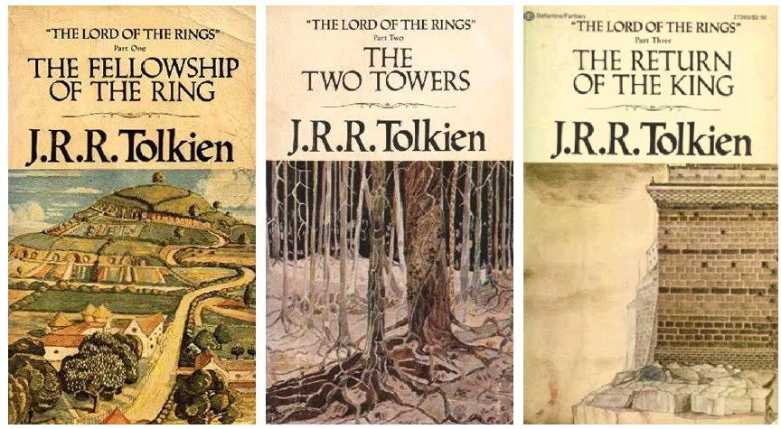 Old editions of the Lord of the Rings trilogy with JRR Tolkien's art on the covers