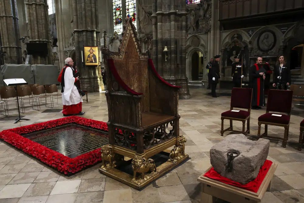 The Stone of Destiny is seen during a welcome ceremony ahead of the coronation of Britain's King Charles III, in Westminster Abbey, London, Saturday, April 29, 2023. (Susannah Ireland/Pool Photo via AP)