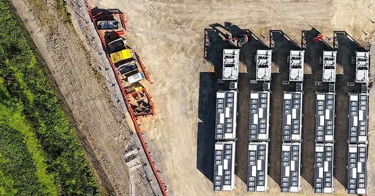 A bird's-eye view of giant batteries at Ferrybridge C,
