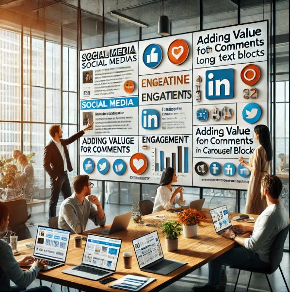 Group of casually dressed business people, 4 sitting at a table before laptops, the other pointing to an idea board with various social media icons.