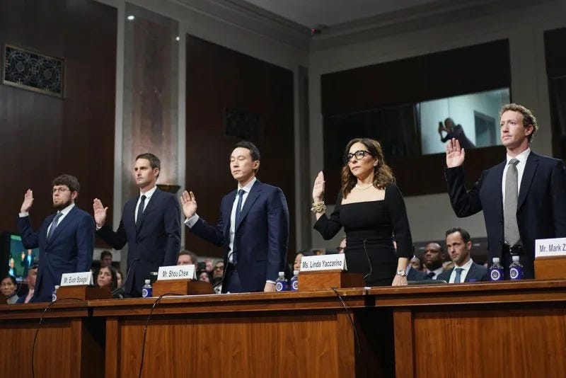 Discord CEO Jason Citron (L to R), Snap co-founder Evan Spiegel, TikTok CEO Shou Chew, X CEO Linda Yaccarino and Meta founder Mark Zuckerberg are sworn in before a Senate Judiciary Committee hearing in Washington, D.C., on Wednesday. Photo by Bonnie Cash/UPI