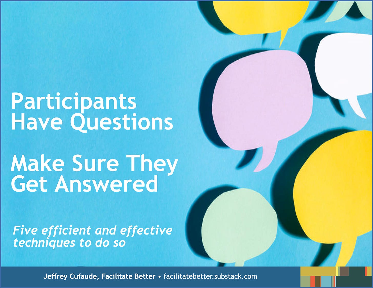 Five multi-colored “speech bubbles” are seen on a blue background with the post title in white.