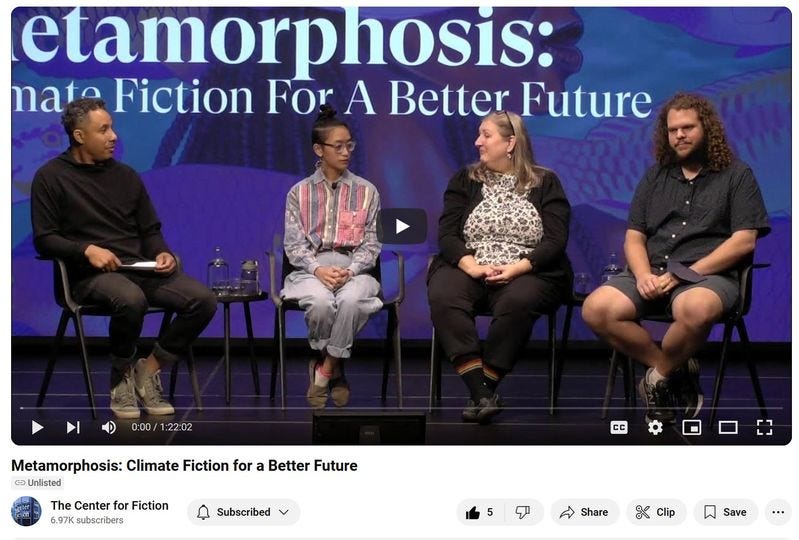 Panel moderator Tory Stephens (Grist) and three authors from Metamorphosis: Climate Fiction for a Better Future anthology: Jamie Liu, Susan Kaye Quinn, Louis Evans