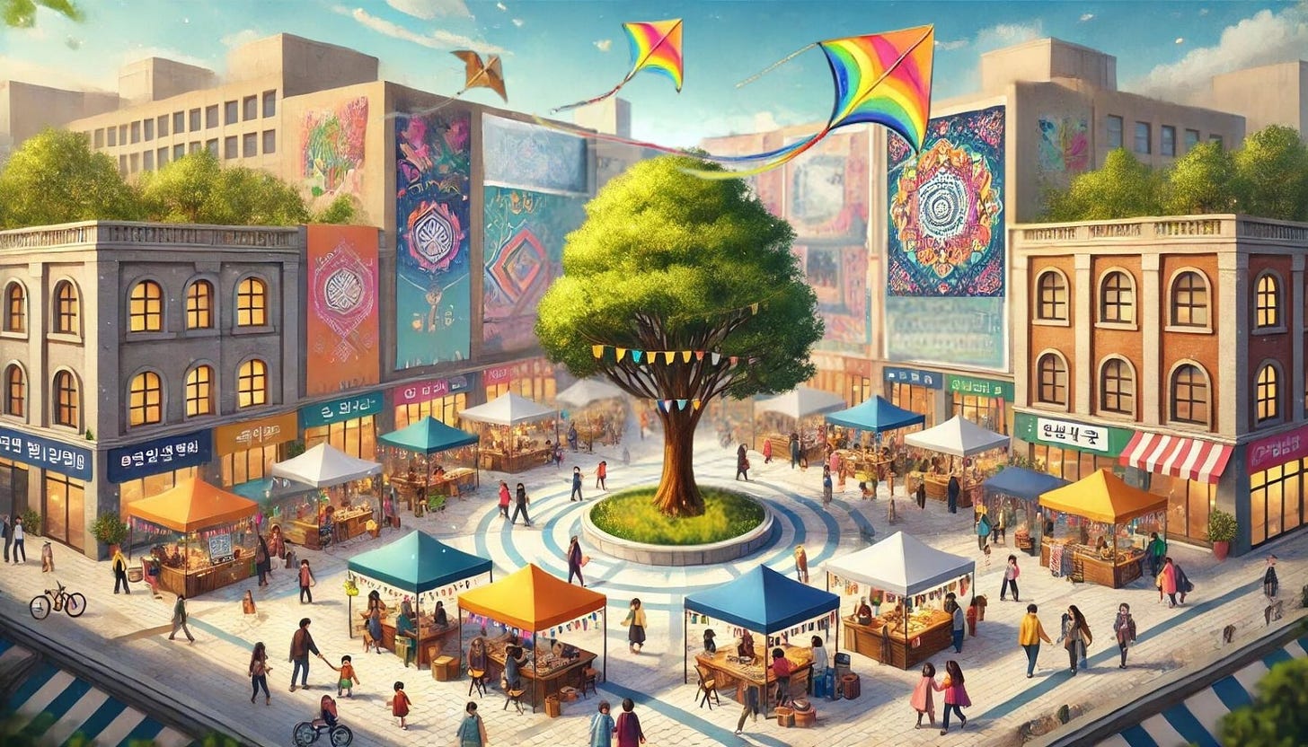 A bustling community square features diverse people engaging with vibrant stalls, a grand central tree adorned with colorful pennants, and murals on surrounding buildings. Kites flying in a clear blue sky symbolize hope and innovation, while the scene captures the blend of tradition and modernity in a harmonious, collaborative atmosphere.