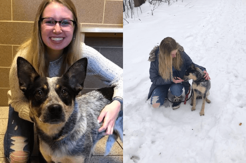 Two photos of Haley the human and Scout the blue heeler early in their life together, one at the shelter and one out on a snowy walk