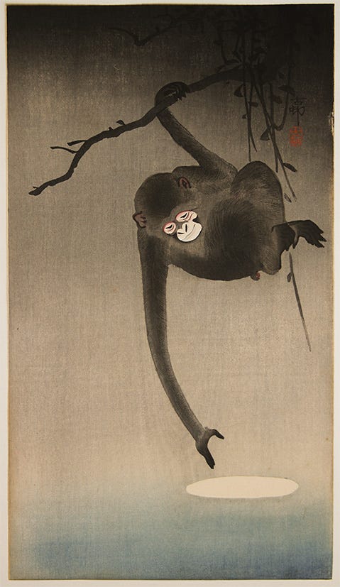 A painting of a monkey reaching toward the reflection of the moon on water.