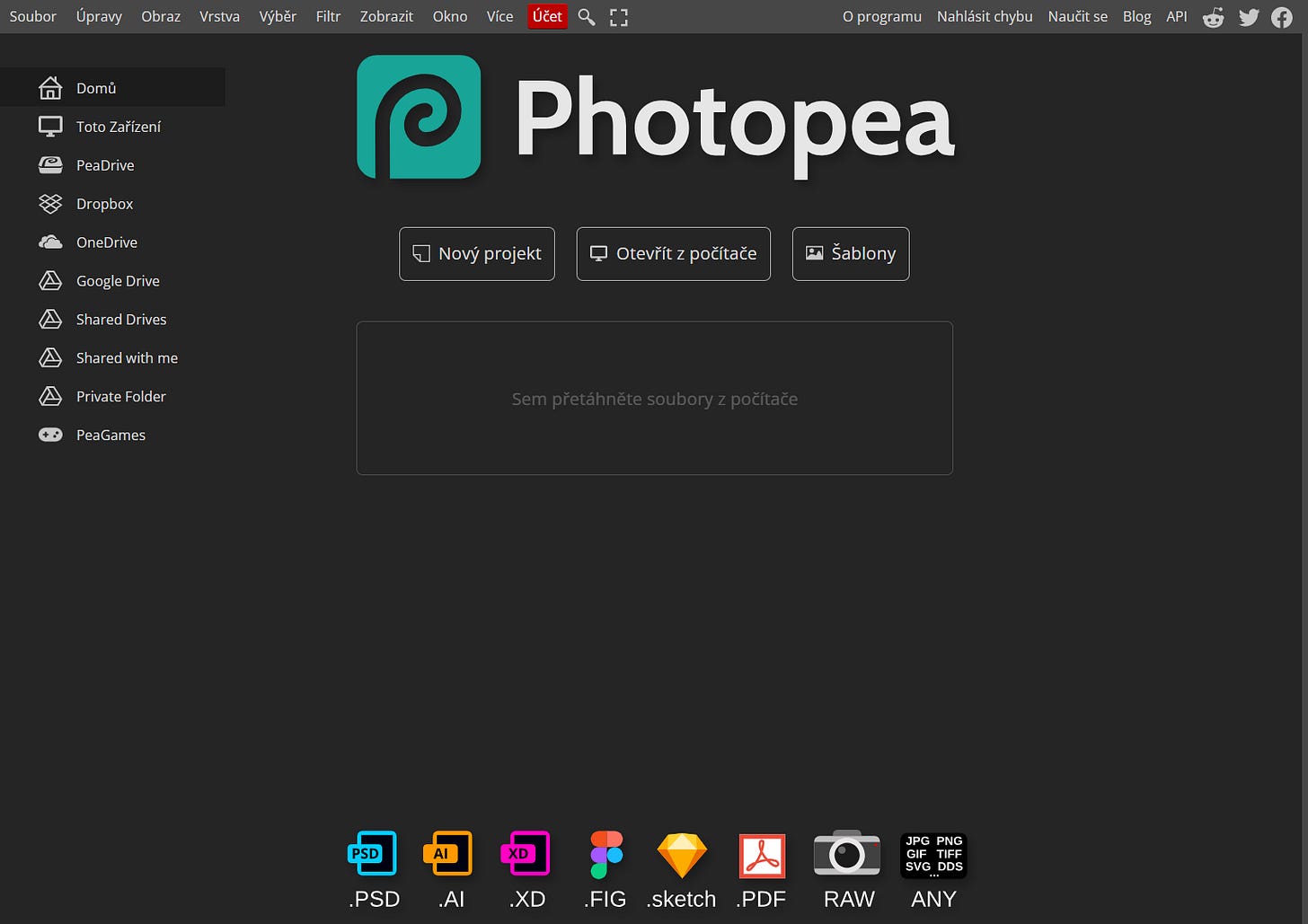 Snímek obrazovky z webové aplikace Photopea Snímek obrazovky z webové aplikace Photopea