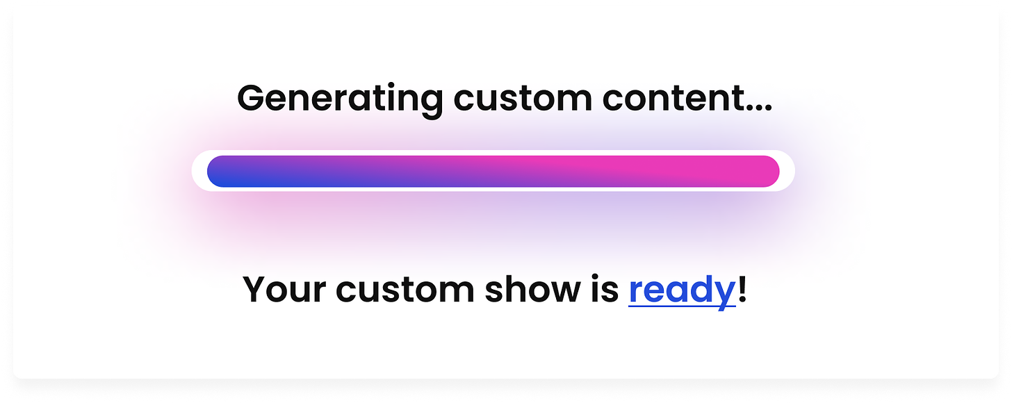 Website screenshot showing Star TV content generation progress bar nearly complete loading with text "your custom show is ready!"