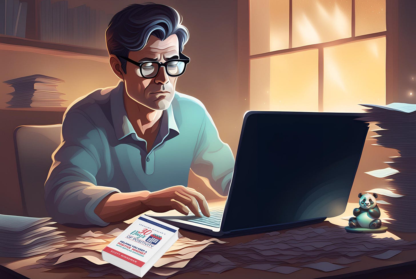 Illustration of a writer typing on a laptop computer