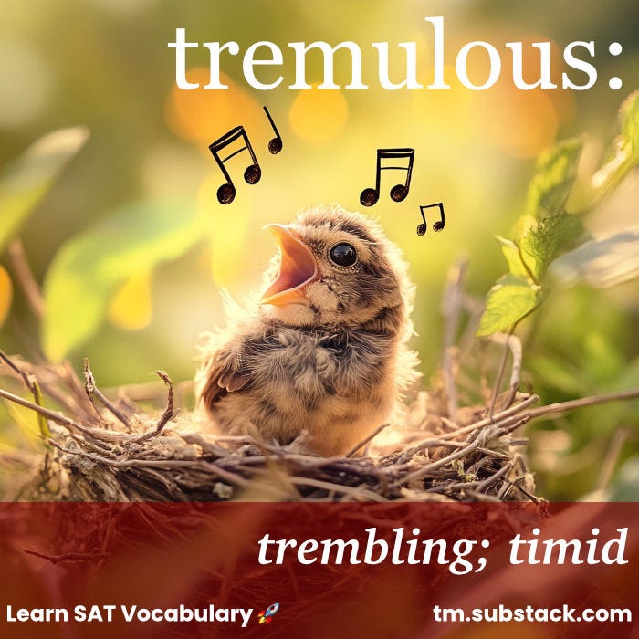 Illustration of a baby bird singing its first notes, with musical notes written above its head; used to illustrate the SAT word 'tremulous'.