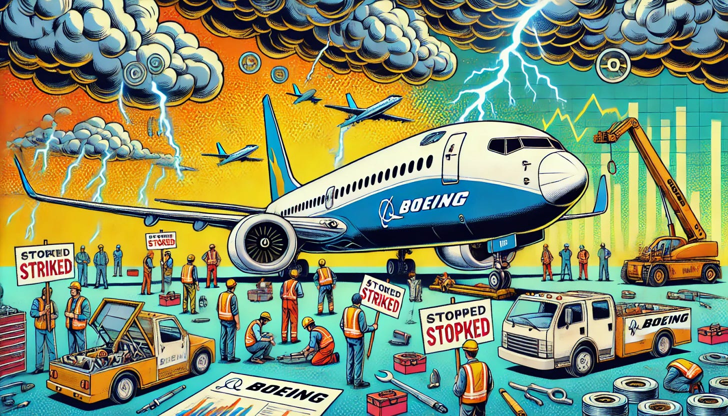 A vibrant, pop-art style illustration showing a Boeing airplane in the middle of repair, with workers holding signs around it symbolizing strikes. The airplane is on the ground with parts disassembled, and some of the mechanics are stopped due to the strikes. In the background, storm clouds and lightning represent the turbulent situation, while a few financial charts in disarray emphasize the uncertainty around Boeing. The Boeing logo is visible on the airplane, all in a comic book, pop-art style.