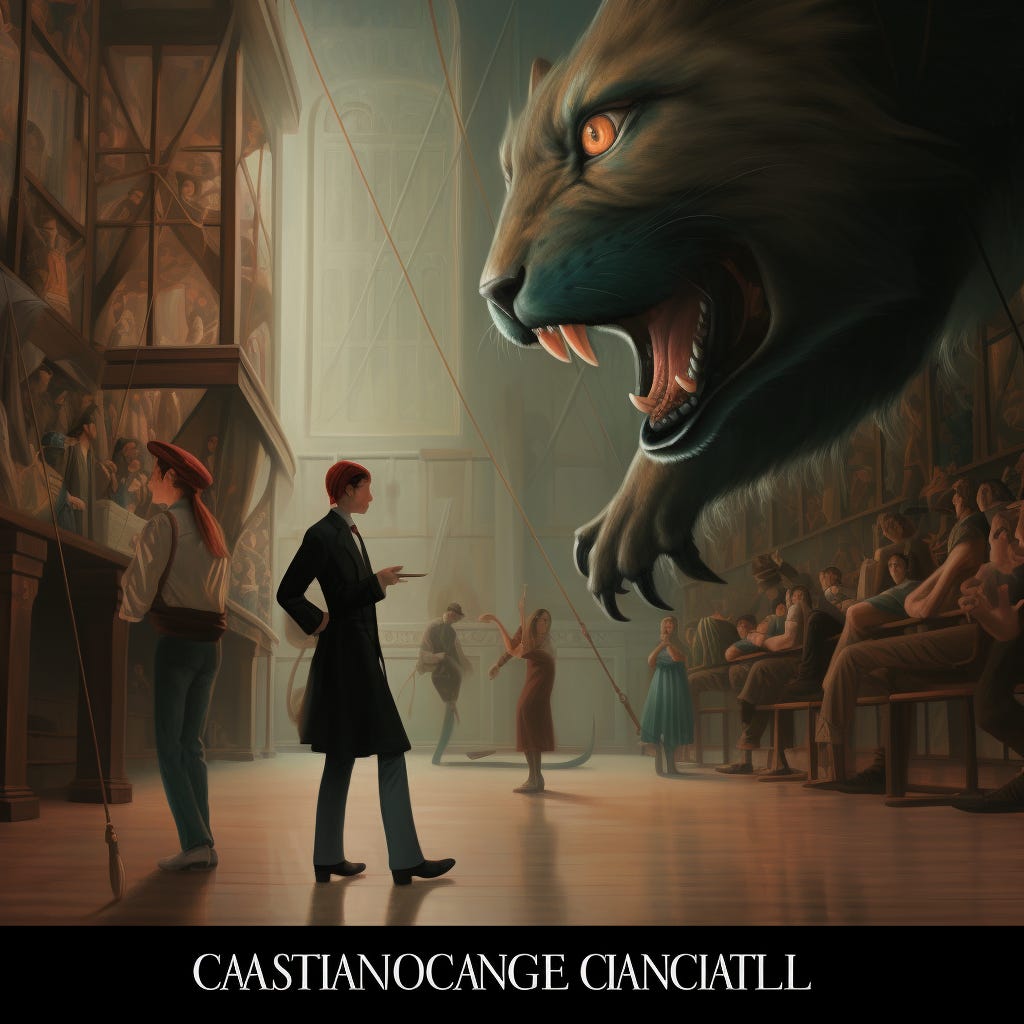 A redhaired woman in a dark coat stands side on, facing down a giant wild cat coming down from the top right of frame. They are in some kind of 19th century gallery space perhaps. People sit on the right watching. Other figures dance in the background. Nonsense text appears at the bottom