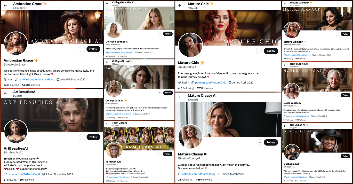 screenshots of the X profiles of @AmbrosianGrace, @ArtBeautiesAI, @CollBeautiesAI, @CollegeGirlsAI, @FarmGirlsAI, @MatureChicAI, @MatureClassyAI, @MatureGlamourAI, @NobleLadiesAI, and @OldLadiesAI, all of which have AI-generated profile images and patreon links in their biographies