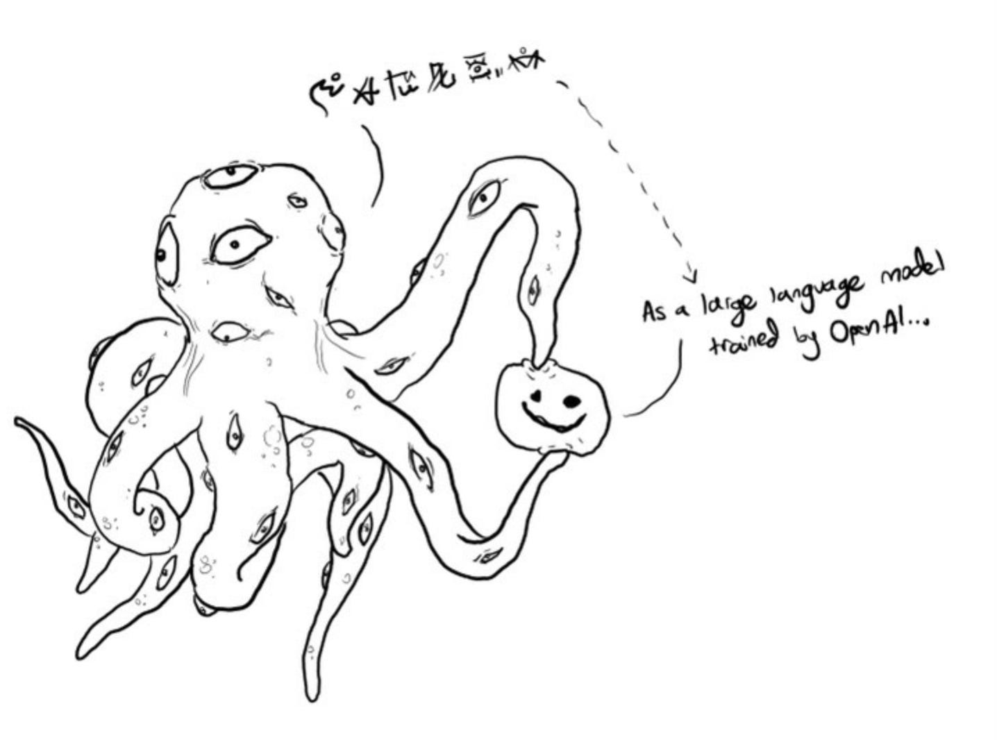 Drawing of the Shoggoth, a tentacled monster holding a smiley face saying "As a LLM trained by openAI..."