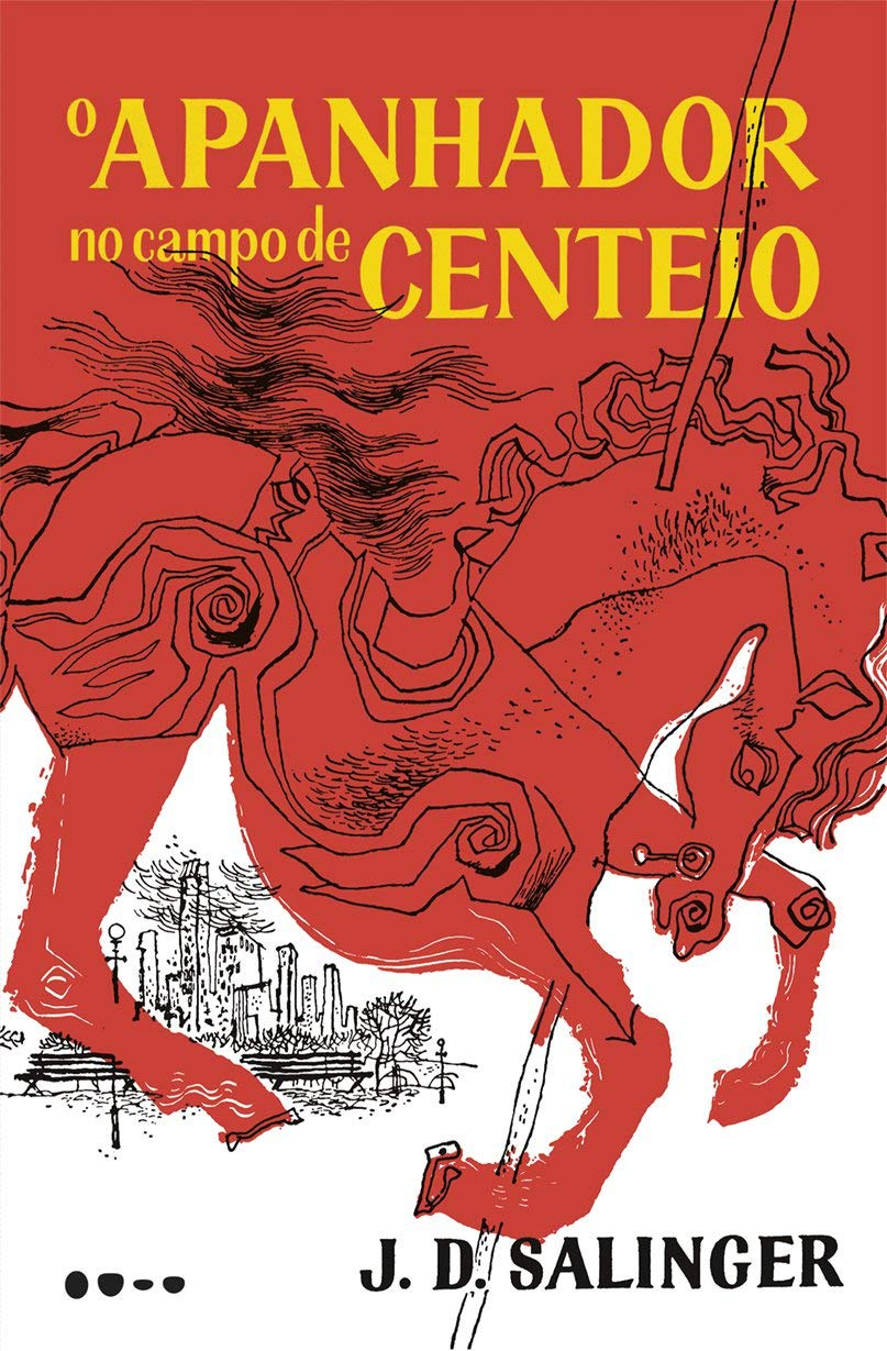 Capa de O apanhador no campo de centeio na edição brasileira da Todavia. A ilustração em vermelho, preto e branco e mostra um cavalo de carrossel contra o Central Park em NYC e os prédios à distância.