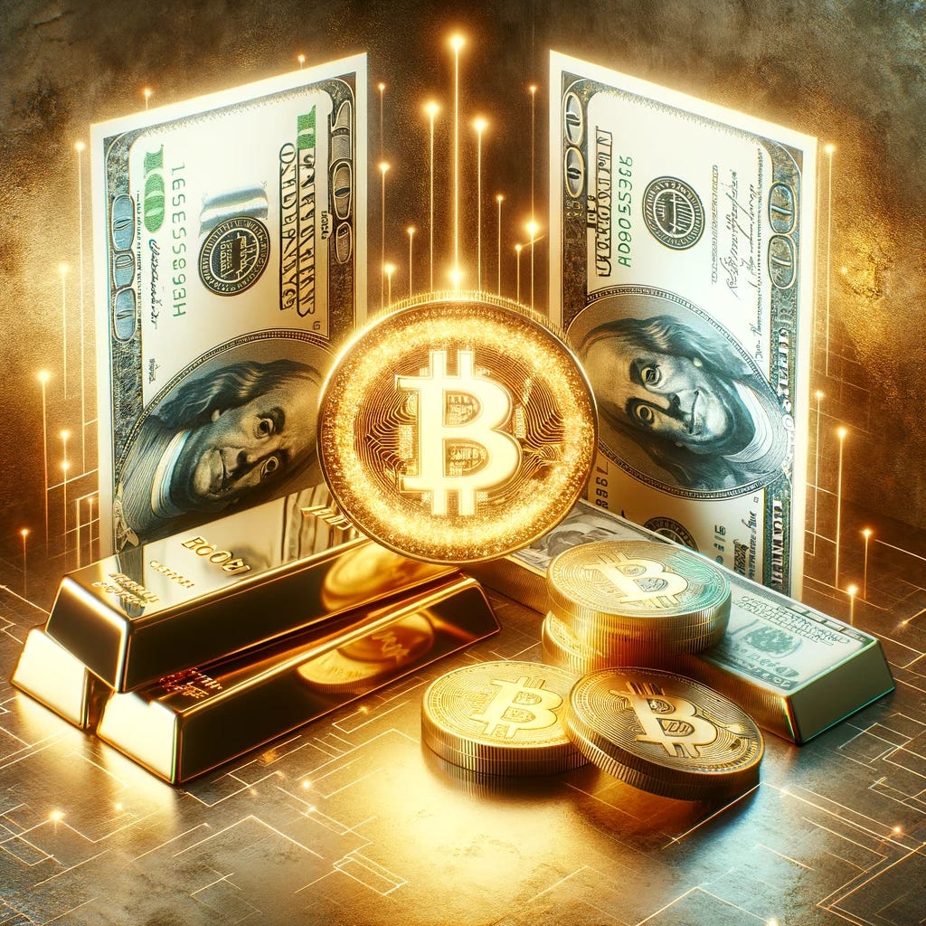 A symbolic representation of finance and cryptocurrency. The image features a balanced composition with gleaming gold bars on one side, symbolizing traditional wealth. On the other side, there are crisp US dollar bills, representing conventional currency. In the center, a glowing, digital representation of Bitcoin, symbolizing the new era of digital currency. The background is subtly textured to enhance the contrast between these three elements of wealth and finance.