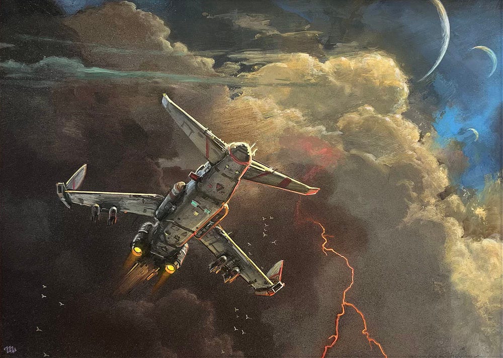 Orange lightning flashes from a bank of clouds as a VTOL bomber breaks through the storm front. We get a view from underneath along the belly to the nose of the craft which has pronounced forewings. The aircraft still carries a payload in a pair of bombs mounted under each of the aft wings which tilt back and end with vertical stabilizers. A flight of white stand in contrast to the dark clouds.