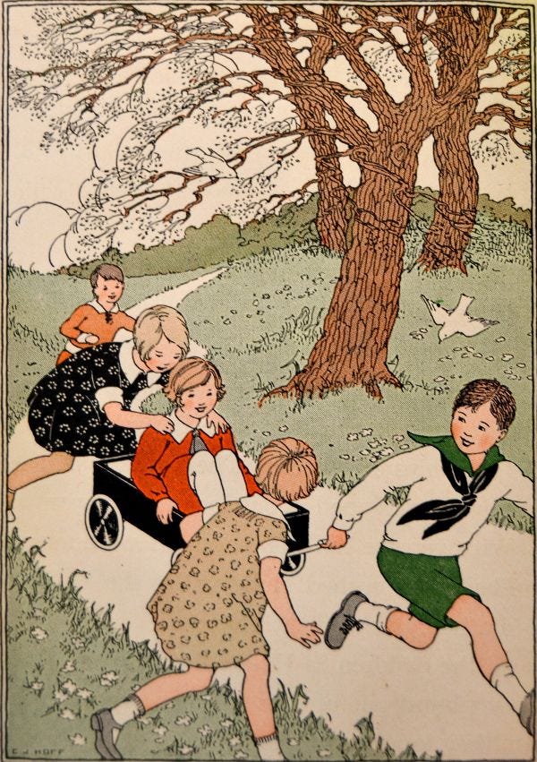 This may contain: an old children's book is shown with the title, little people are trying to pull