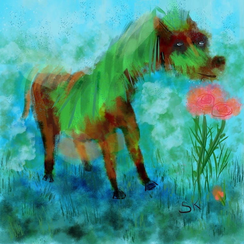 Illustration of a happy horse smelling flowers by Artist Sherry Killam
