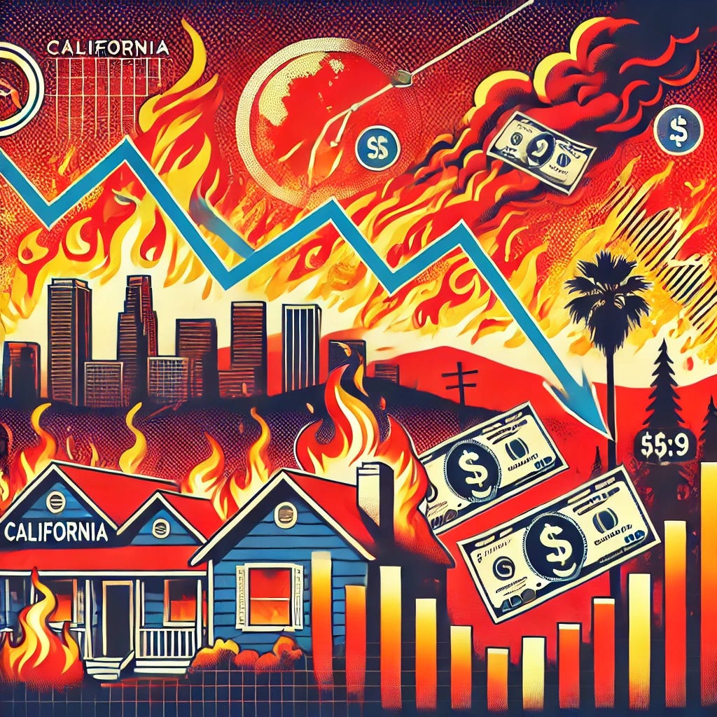 A bold, professional pop-art style illustration titled 'California en Llamas'. Featuring a dramatic landscape with houses on fire, financial charts crashing, and dollar bills burning. The background should include the California skyline with a red and orange flame-filled sky. Vibrant colors like red, orange, and yellow should dominate, with elements of economic decline such as descending arrows and financial graphs. Clean, minimalistic, and sharp design with a focus on clarity and impact. Format: 16:9, 1920x1080 resolution.