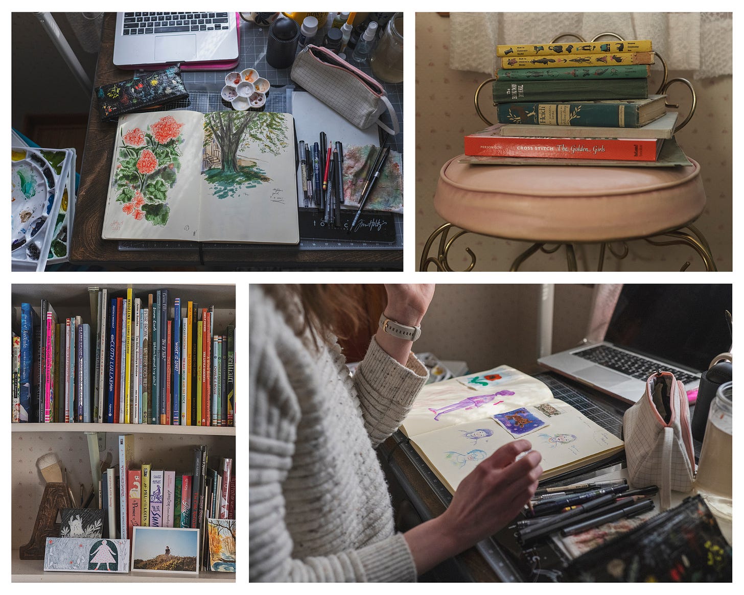 A photo collage of the artist's home studio. Clockwise from top left: an open sketchbook surrounded by art materials lies on a desk. A stack of books sits on a pink chair. The artist's hands flip through a sketchbook at a desk filled with art materials. A closeup shot of shelves lined with books, knickknacks, and photographs.