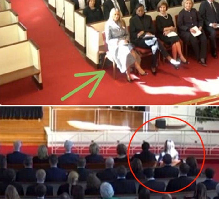 Screenshot of two Twitter images showing Melania Trump with sunlight falling on her at Rosalynn Carter's memorial service, with MS-Paint arrows and circles to call attention to her. 