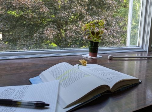 book on desk in front of window with trees outside