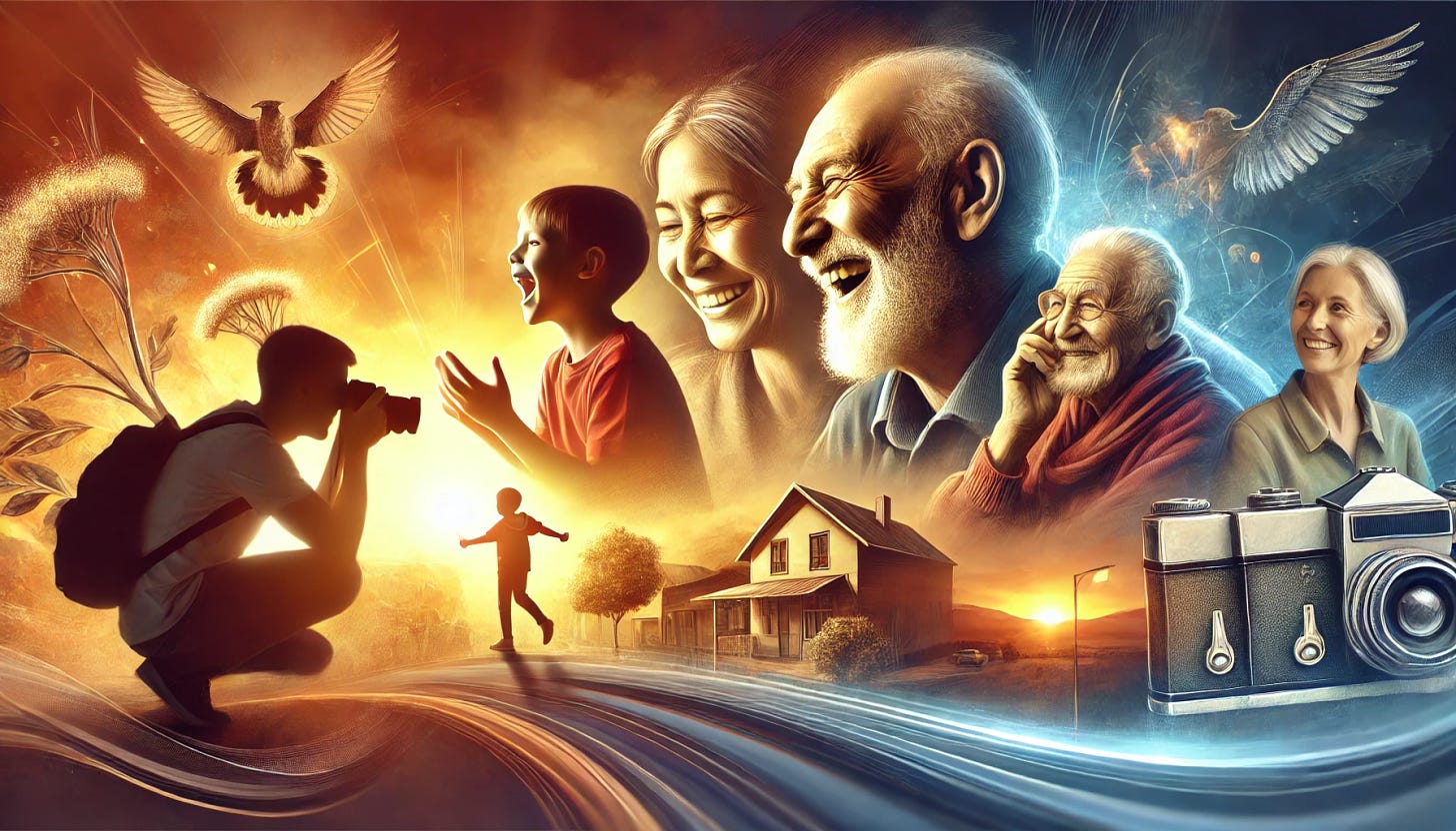 A panoramic illustration depicting the emotional essence of photography. The scene includes a photographer capturing a poignant moment of a child laughing with an elderly person, set against a warm sunset. The focus is on the interplay of light and shadow, with a vibrant yet balanced color palette. The elements of connection, storytelling, and heartfelt emotion are emphasized, with details such as expressive eyes, gentle gestures, and a blurred background to highlight the subjects. The image is artistically styled to evoke inspiration and storytelling.