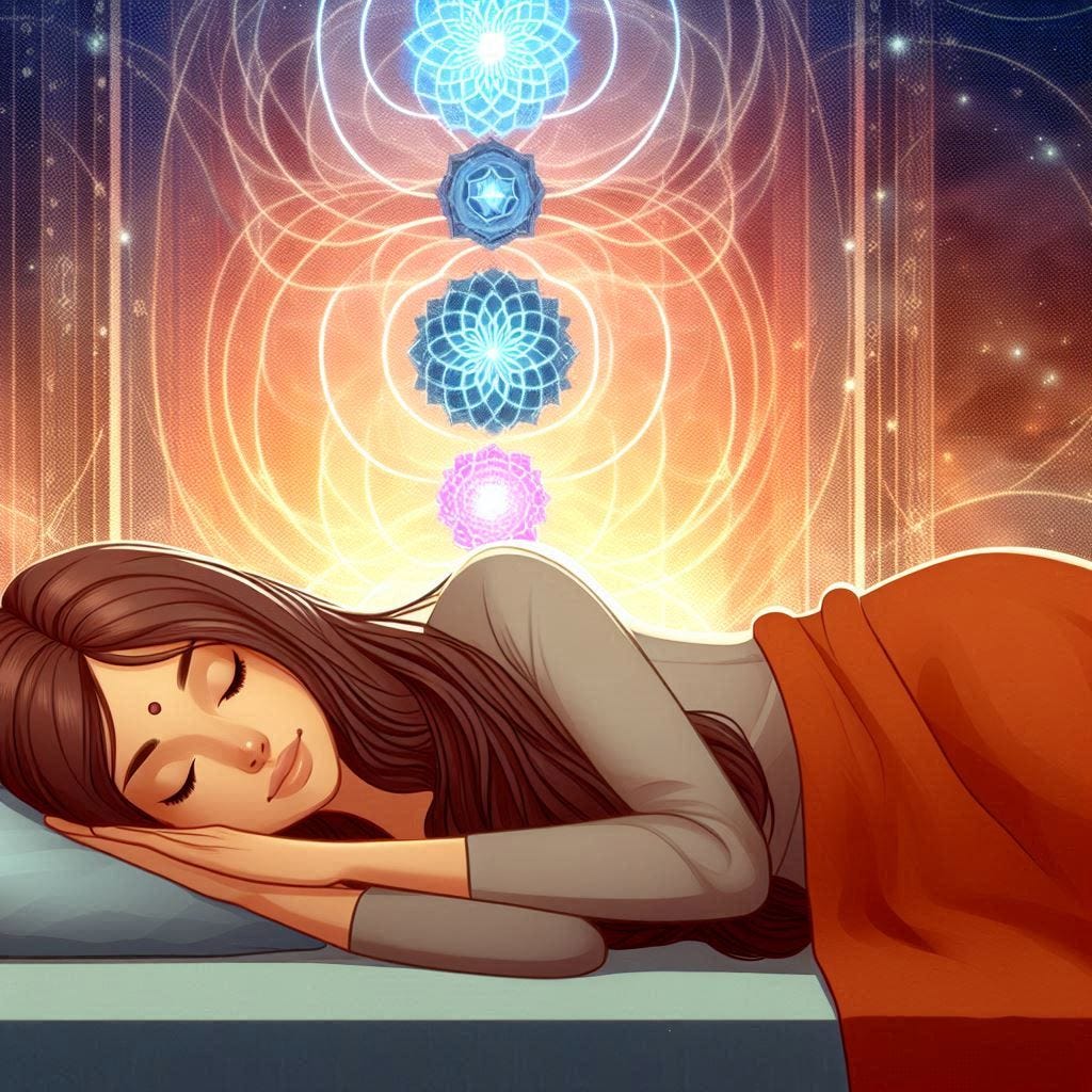 A woman sleeping peacefully, with chakras in the background.