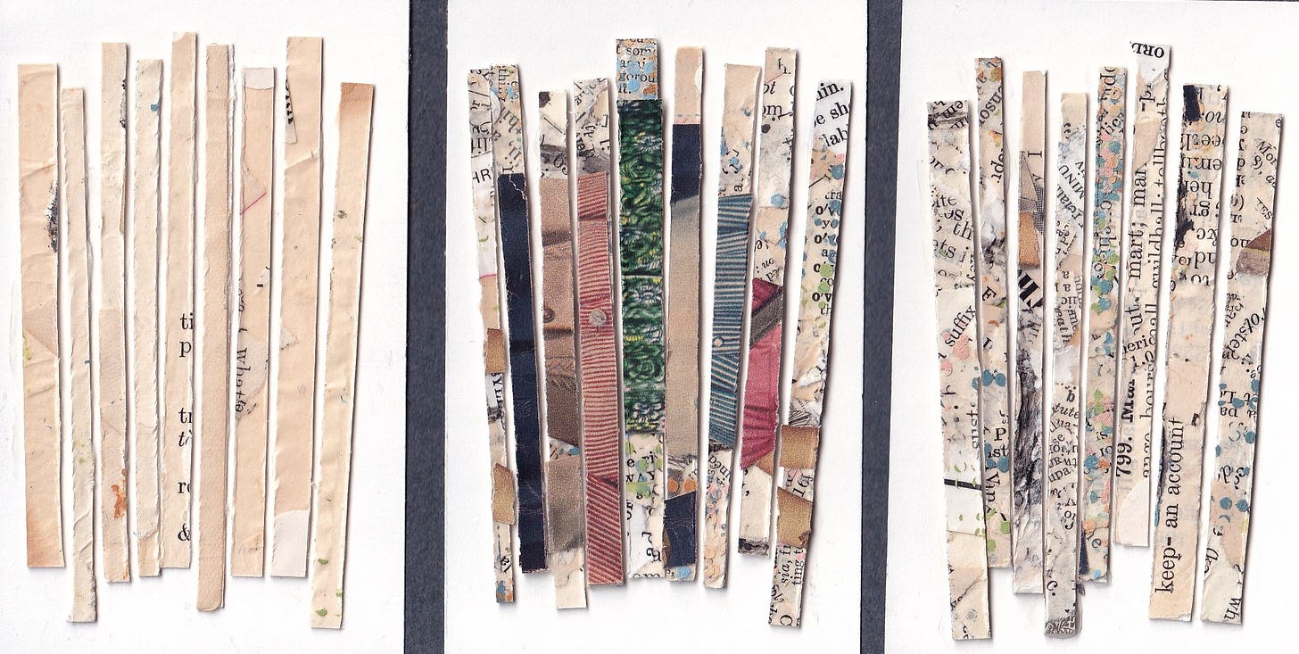 three small analog collages on white backgrounds arranged in a row; each collage is abstract and composed of vertical lines of waste trimmings glued at angles