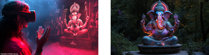 Two-part image: the left side shows a person wearing a virtual reality headset interacting with a vivid, digital 3D representation of Ganesha in a glowing red and purple environment, blending technology with spirituality. The right side features a brightly colored Ganesha statue illuminated at dusk, placed outdoors among trees, evoking a serene and mystical atmosphere.