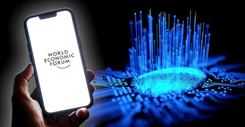 digital fingerprint with hand holding cellphone with WEF logo on top
