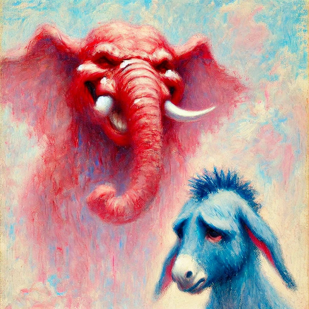 A soft impressionist painting of a triumphant red elephant with a slightly vicious expression, laughing with a menacing glint in its eye and sharper features. The elephant is looking down at a sad blue donkey with a downcast head, appearing defeated and melancholy. The background remains soft and dreamlike, with pastel colors blending smoothly, capturing the emotional contrast between the characters in an impressionistic style with loose and light brushstrokes.