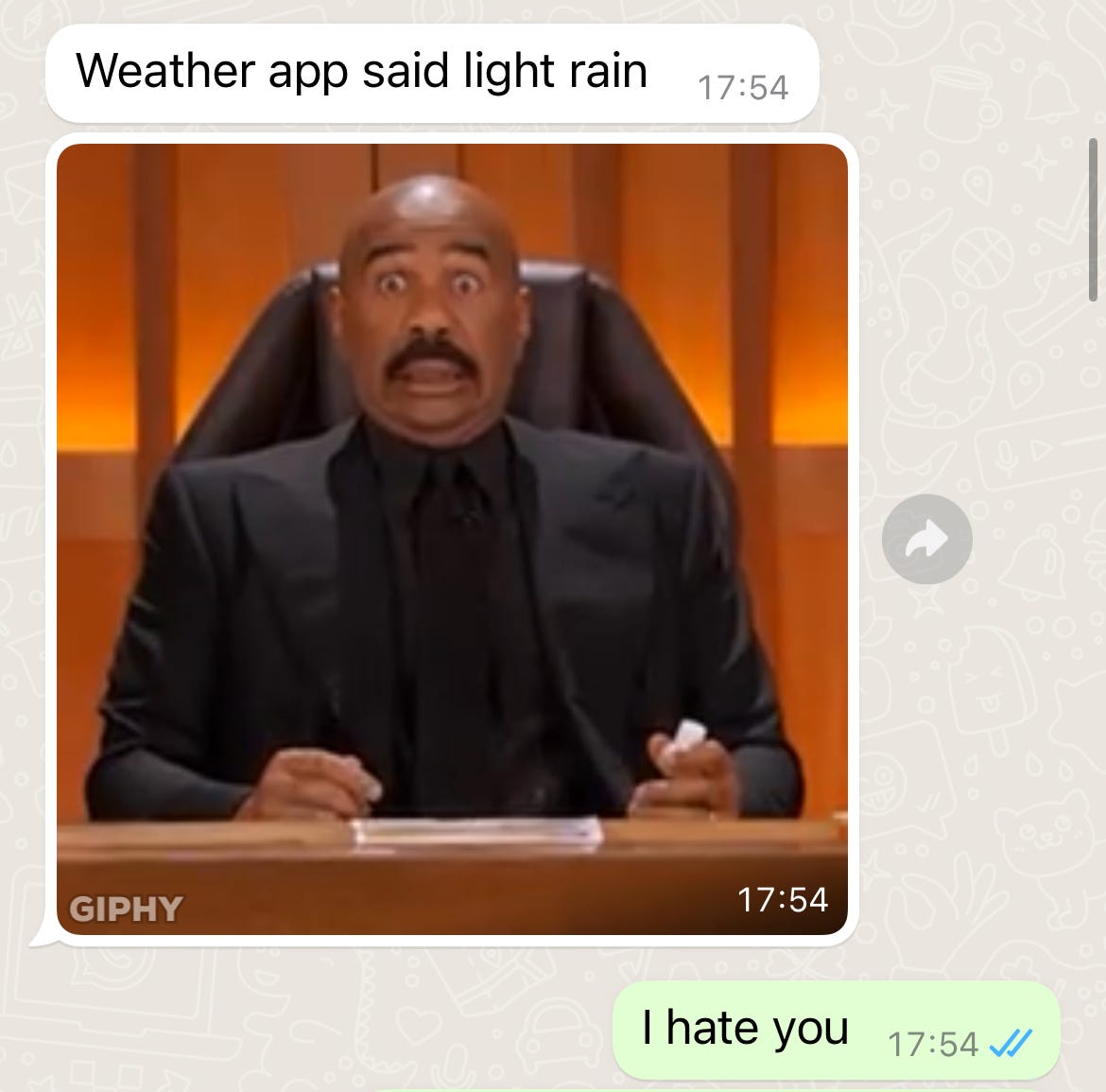 A WhatsApp exchange that reads: Luke 'Weather app said light rain' then Jess: 'I hate you' 