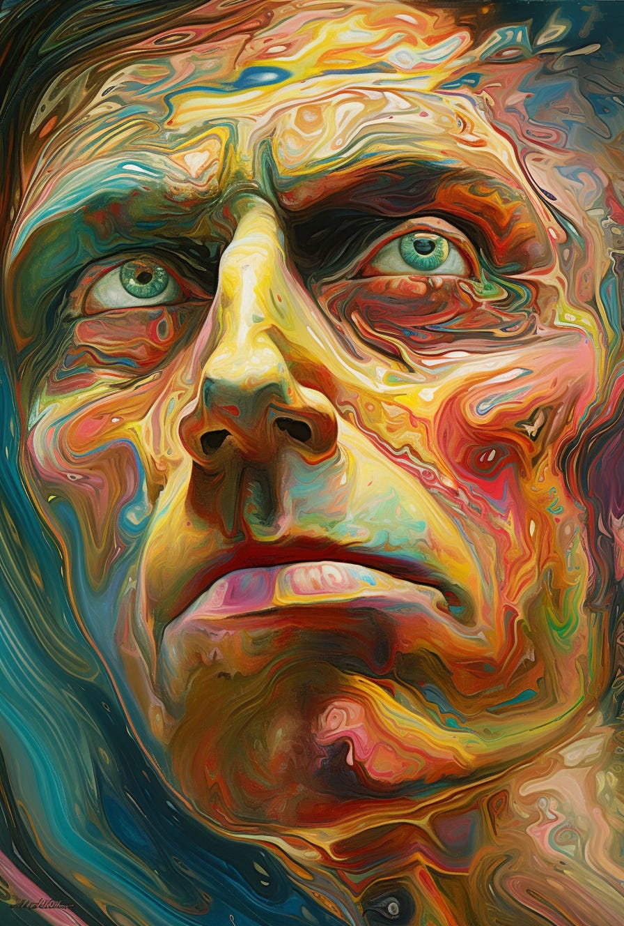 the psychedelic man painting, in the style of hyper-realistic sci-fi, post-'70s ego generation, swirling vortexes, shiny eyes, surrealistic detail, exaggerated expressions, fluid photography
