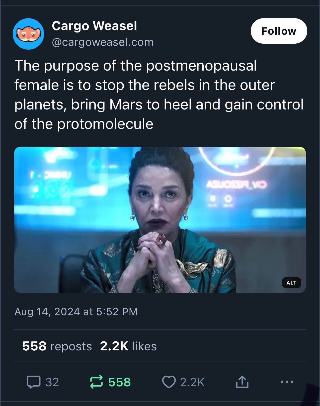 Picture of the President of Earth from the Expanse and the text reads “The purpose of the postmenopausal female is to stop the rebels in the out planets, bring Mars to heel and gain control of the protomolecule”