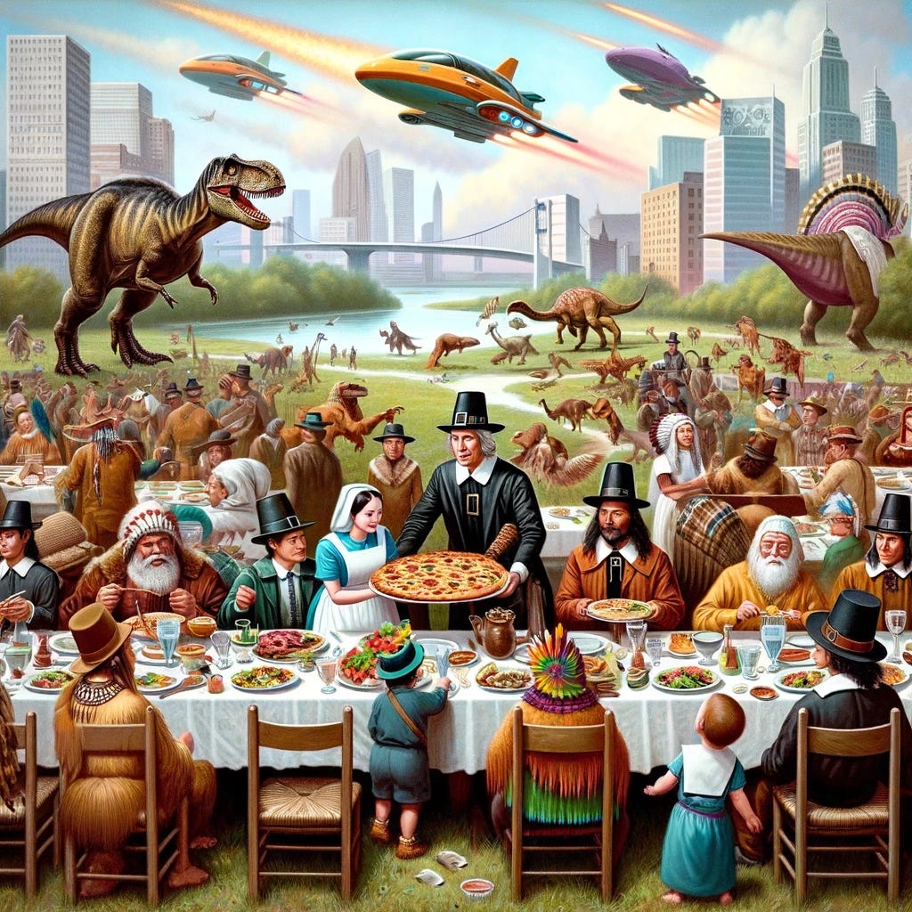 A whimsical and historically inaccurate depiction of the first Thanksgiving. The scene includes dinosaurs roaming among the Pilgrims and Native Americans, who are sharing a feast of pizza, tacos, and sushi. The setting is a futuristic cityscape with flying cars zooming overhead. The clothing of the Pilgrims and Native Americans is a mix of traditional garments and modern-day casual wear, like t-shirts and jeans. The overall mood is cheerful and lighthearted, with bright colors and anachronistic details.