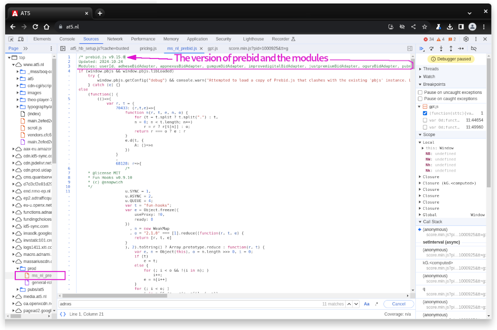 The prebid.js code with modules used by local news website at5.nl