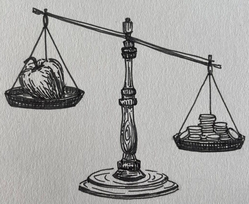 a pile of coins on the right side of an illustrated manual scale outweighs a bell pepper on the left side of the scale