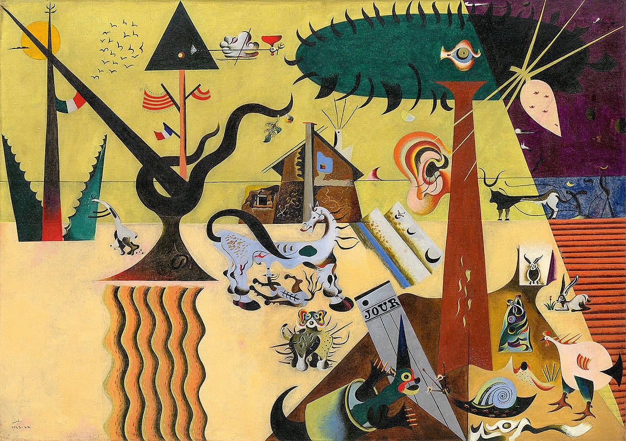 Miro's The Tilled Field, flat shapes, bright colors, simplified animals and creatures, a fascinating surrealist reduction of reality.