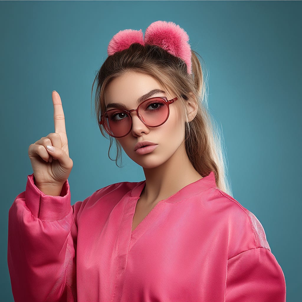 imagine a young woman saying “no”, pointing with one finger, wearing eye glasses and accessories with contrasting vivid colors.