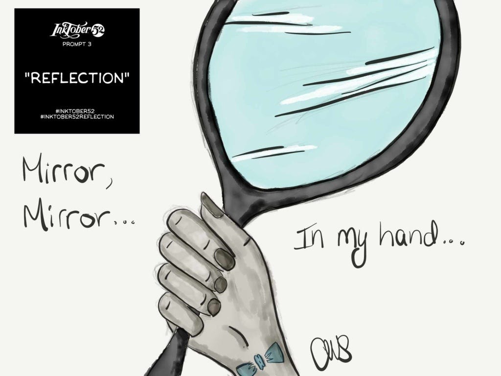 drawing of a hand holding a mirror. Inktober prompt reflection in upper left corner. Hand written text around the drawing reads “mirror, mirror...” (on left of drawing) and “in my hand...” (on right of drawing)