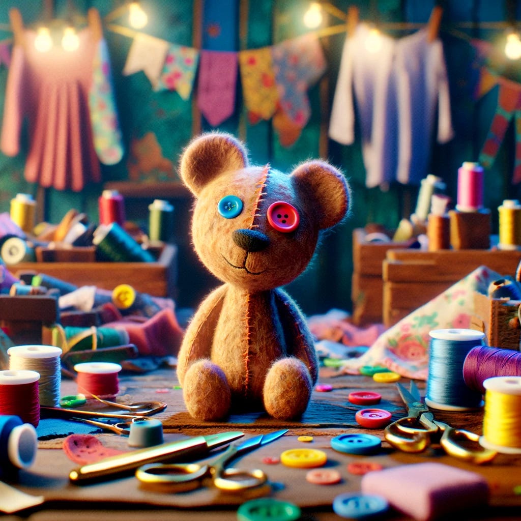 A stitched teddy bear in a sewing room