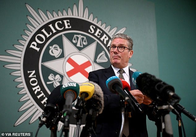 British Prime Minister Sir Keir Starmer speaks during a press conference at Garnerville Police training college on August 19, in Belfast, Northern Ireland