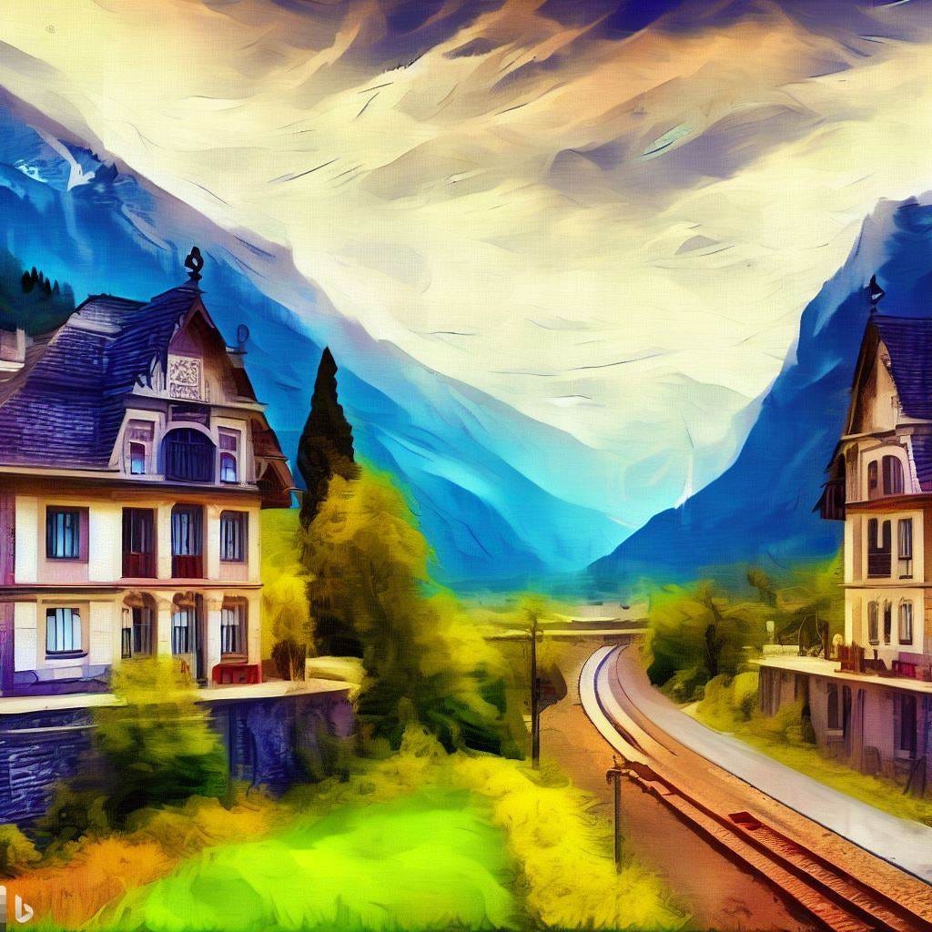 a digital art of two bank buildings in medieval swiss village, across the backdrop of mountains, and a railroad stretching across. Change the season to spring and show add a lot more trees and grass