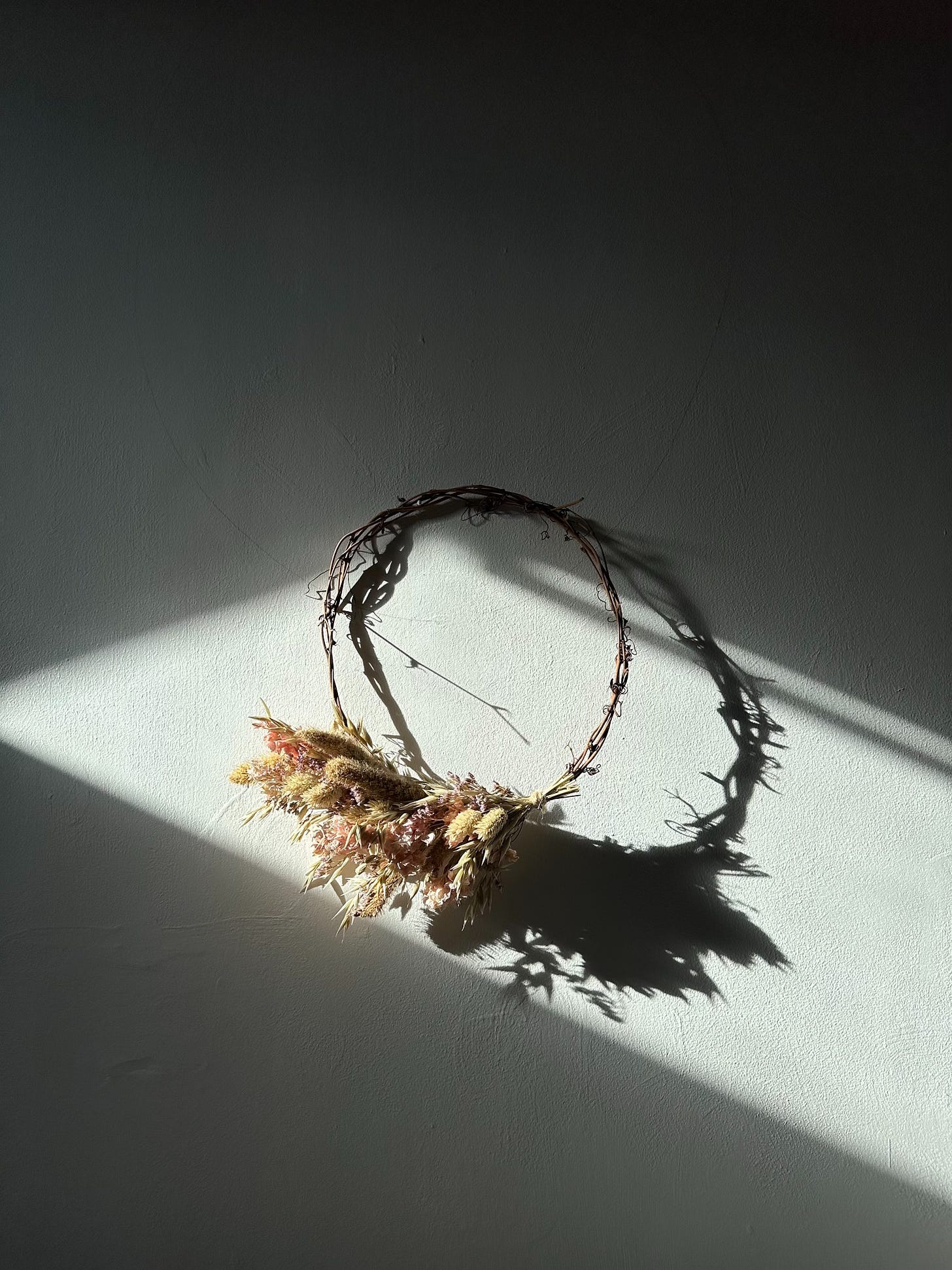 a dried flower wreath in a patch of sunlight on a white wall