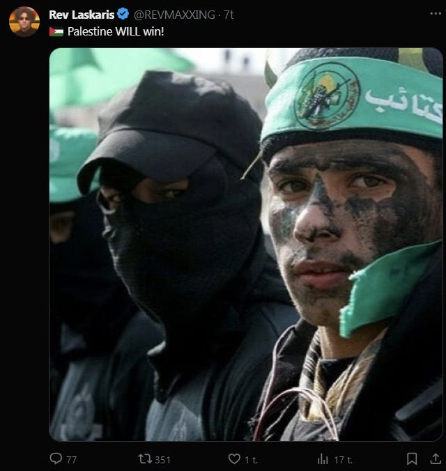 X:n sosiaalisessa tulee hyvin selväksi “Pro-Palestiina” trollitilien ja vaikuttajien levittämä terroristinen propaganda, missä Hamasin julmat päidenleikkaajat kuvaillaan “humanisteiksi”, “ihmisyyden puolesta”, “vapaustaistelijoiksi” ja “pahojen sionistien vastustajiksi”.