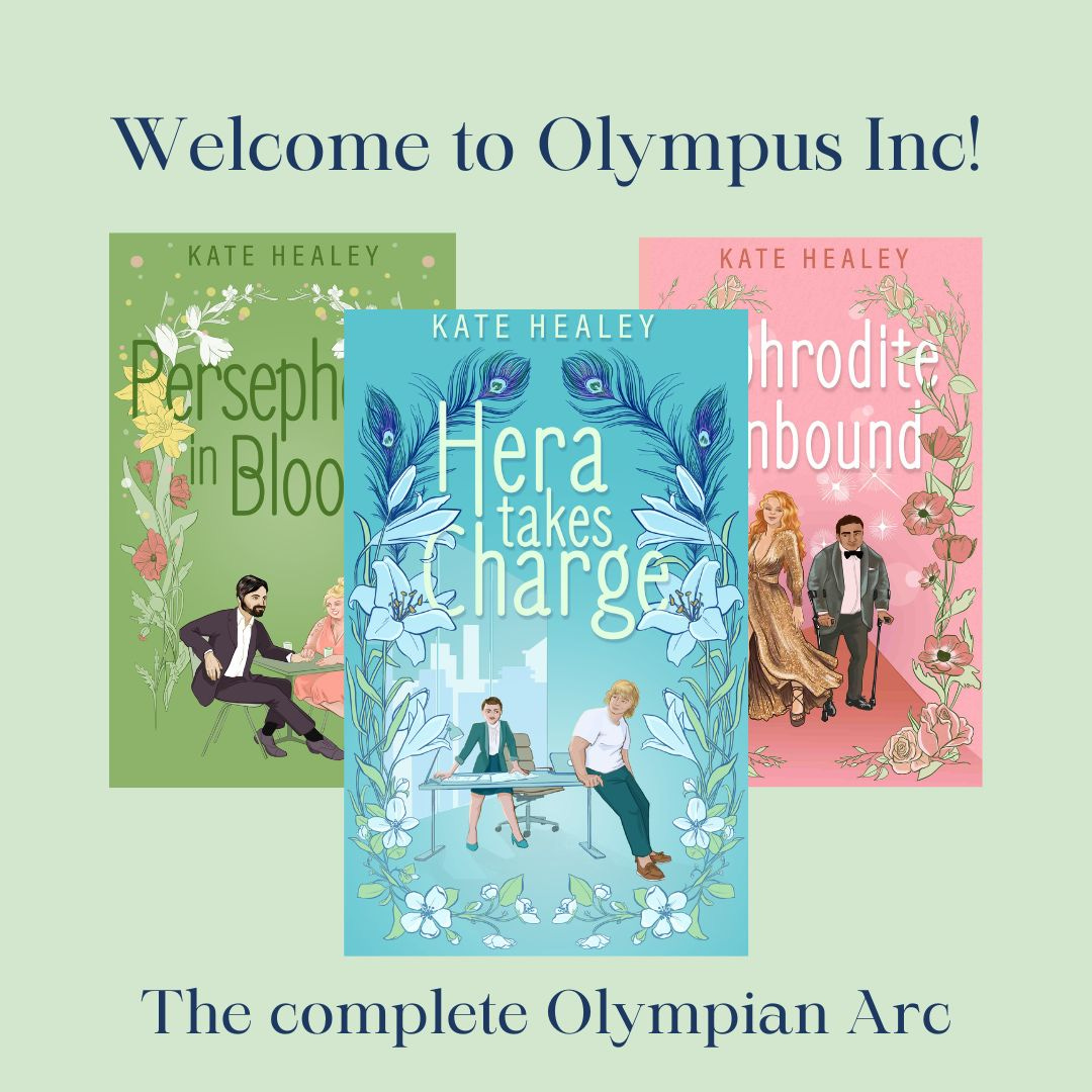 The covers for all three Olympus Inc novels, arranged against a light green background. Navy text above and below states: Welcome to Olympus Inc! The complete Olympian arc.