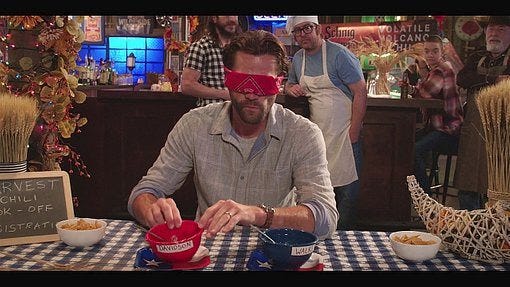 Walker Jared Padalecki blindfolded to test out chili and Barn Burner version.