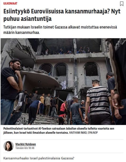 Jo ennen kisoja itse etnisestä puhdistuksesta, ruumiiden alla kuollutta leikkimällä pelastunut juutalaisnainen, ja Israelin vaaliedustaja, leimattiin “kansanmurhaajaksi” - tämän itse koettuaan kansanmurhan. Jo ennen kisoja itse etnisestä puhdistuksesta, ruumiiden alla kuollutta leikkimällä pelastunut juutalaisnainen, ja Israelin vaaliedustaja, leimattiin “kansanmurhaajaksi” - tämän itse koettuaan kansanmurhan.